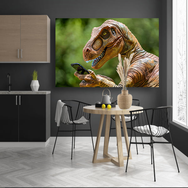 Dinosaur met smartphone in futuristische wereld poster