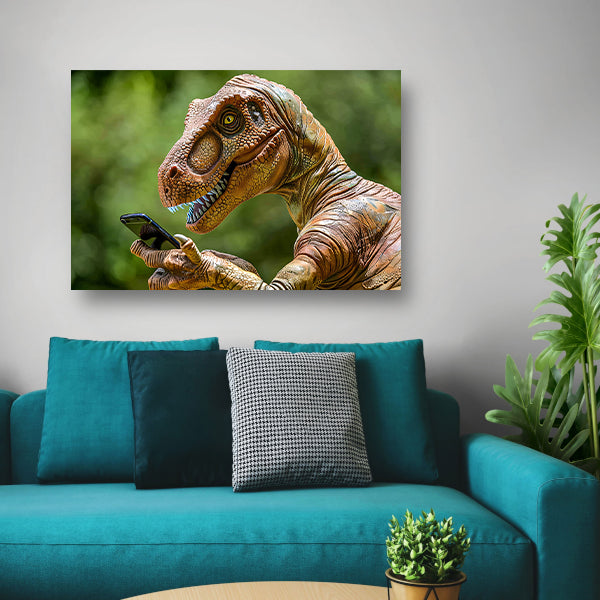 Dinosaur met smartphone in futuristische wereld canvas