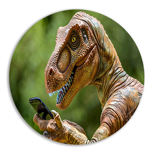 Dinosaur met smartphone in futuristische wereld aluminium muurcirkel