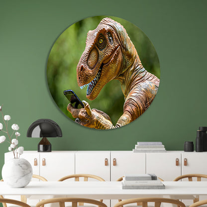 Dinosaur met smartphone in futuristische wereld aluminium muurcirkel