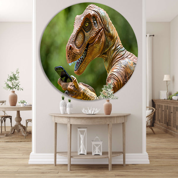 Dinosaur met smartphone in futuristische wereld aluminium muurcirkel