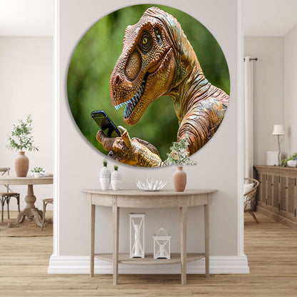 Dinosaur met smartphone in futuristische wereld aluminium muurcirkel