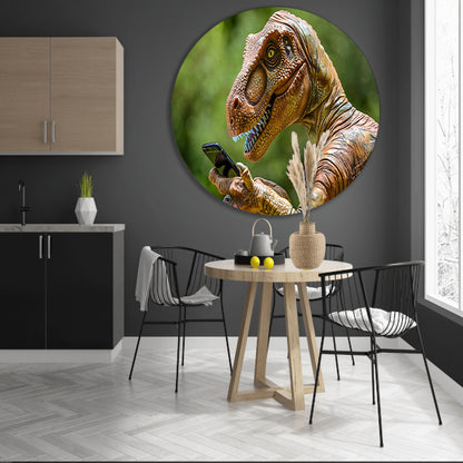 Dinosaur met smartphone in futuristische wereld aluminium muurcirkel