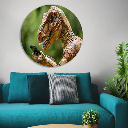 Dinosaur met smartphone in futuristische wereld aluminium muurcirkel