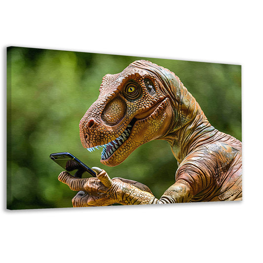 Dinosaur met smartphone in futuristische wereld canvas