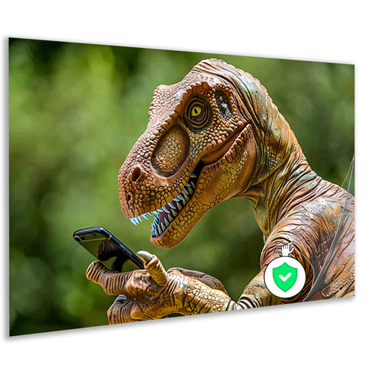 Dinosaur met smartphone in futuristische wereld poster