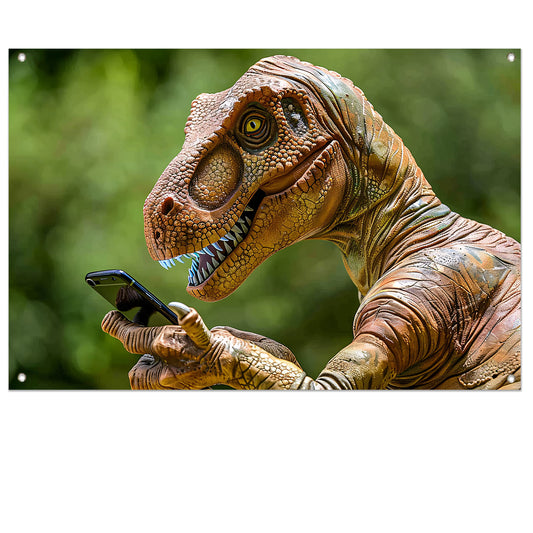 Dinosaur met smartphone in futuristische wereld tuinposter