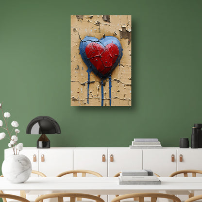 Gebroken Rood Hart op Verweerde Muur canvas met baklijst