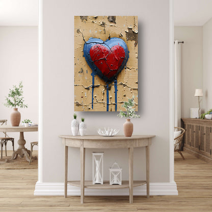 Gebroken Rood Hart op Verweerde Muur canvas met baklijst