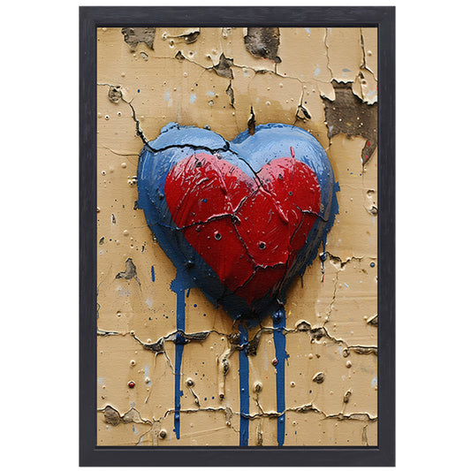 Gebroken Rood Hart op Verweerde Muur canvas met baklijst