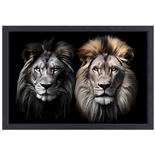 Twee leeuwen in zwart-wit canvas met baklijst