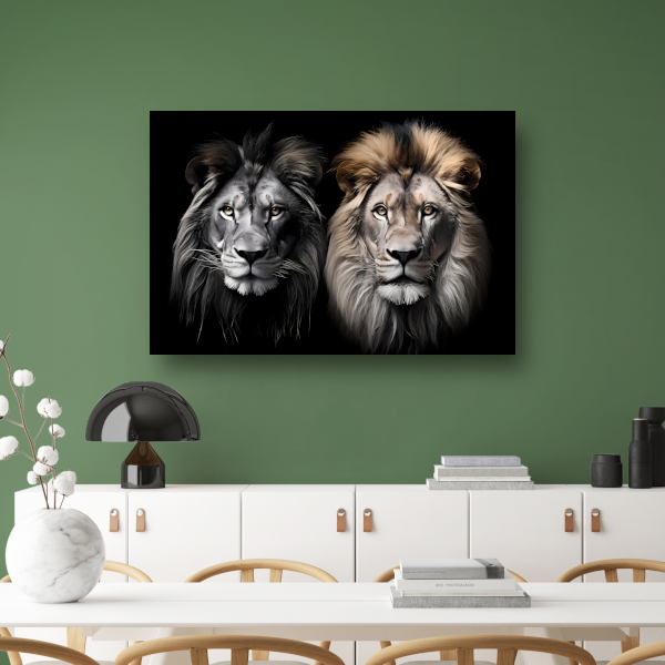 Twee leeuwen in zwart-wit canvas met baklijst