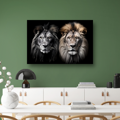 Twee leeuwen in zwart-wit canvas met baklijst