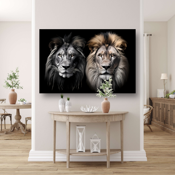 Twee leeuwen in zwart-wit canvas met baklijst