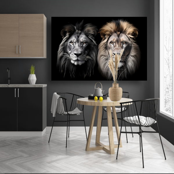 Twee leeuwen in zwart-wit canvas met baklijst