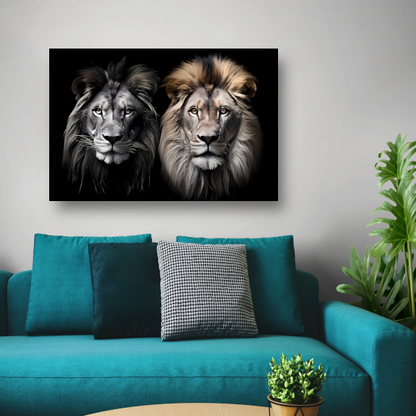 Twee leeuwen in zwart-wit canvas met baklijst