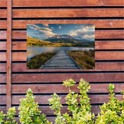 Houten pad naar bergen in schitterend landschap tuinposter