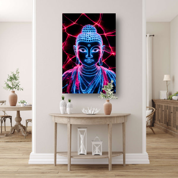 Futuristische neon Boeddha met lichten acrylglas