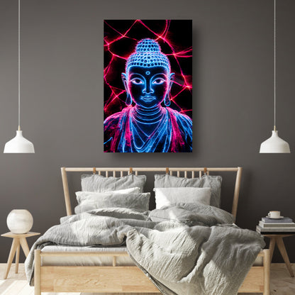 Futuristische neon Boeddha met lichten poster