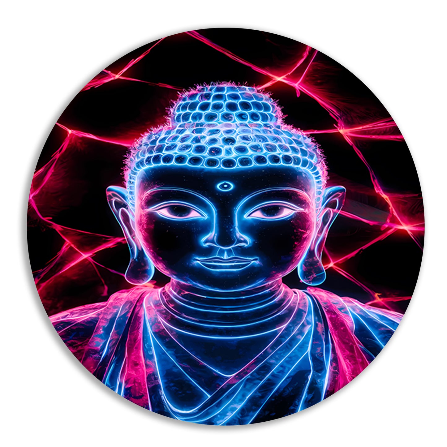 Futuristische neon Boeddha met lichten aluminium muurcirkel