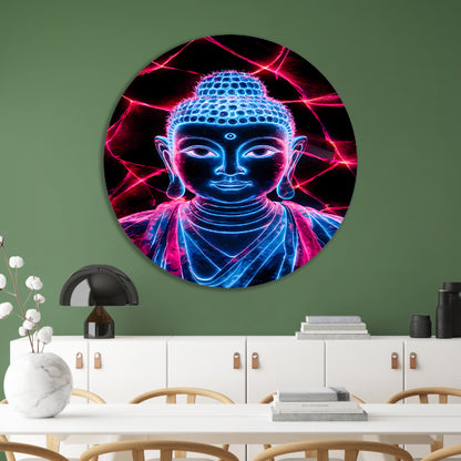 Futuristische neon Boeddha met lichten aluminium muurcirkel