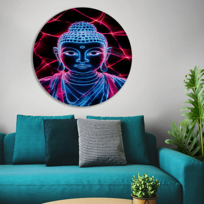 Futuristische neon Boeddha met lichten aluminium muurcirkel