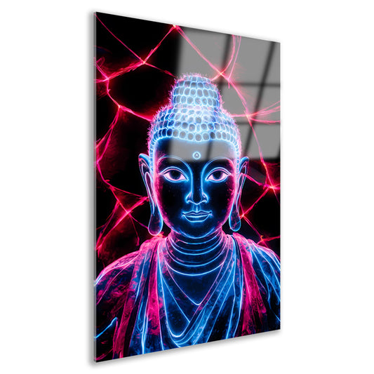 Futuristische neon Boeddha met lichten acrylglas