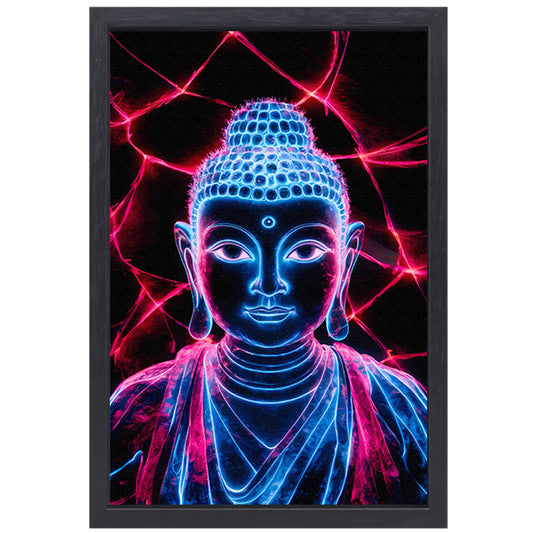 Futuristische neon Boeddha met lichten canvas met baklijst