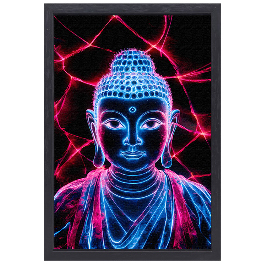 Futuristische neon Boeddha met lichten canvas met baklijst