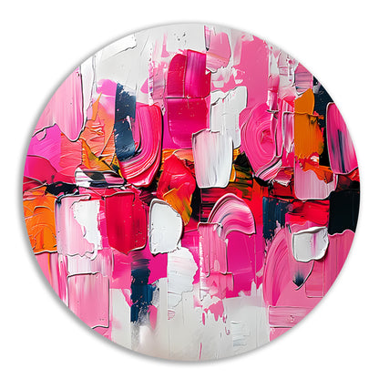 Kleurrijk abstract schilderij met dynamische vormen aluminium muurcirkel
