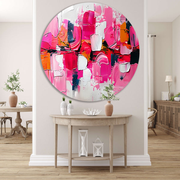 Kleurrijk abstract schilderij met dynamische vormen aluminium muurcirkel