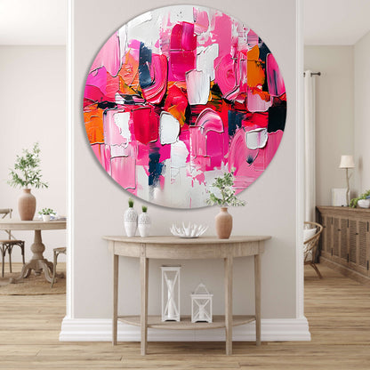 Kleurrijk abstract schilderij met dynamische vormen aluminium muurcirkel