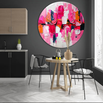 Kleurrijk abstract schilderij met dynamische vormen aluminium muurcirkel