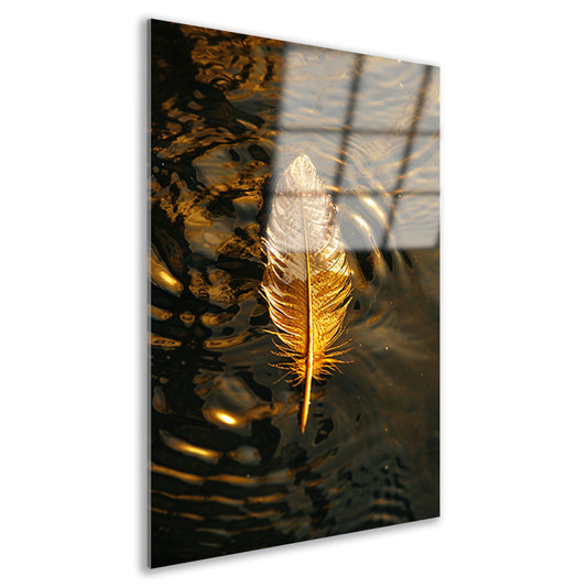 Gouden veer op donkere wateroppervlakte bij zonsondergang acrylglas