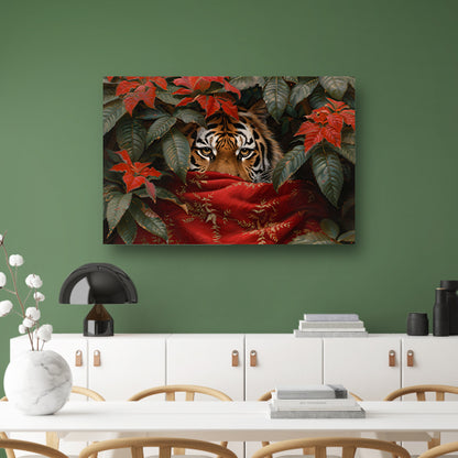 Schilderij van tijger tussen kleurrijke bladerenposter