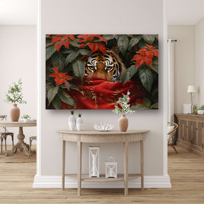 Schilderij van tijger tussen kleurrijke bladerenposter