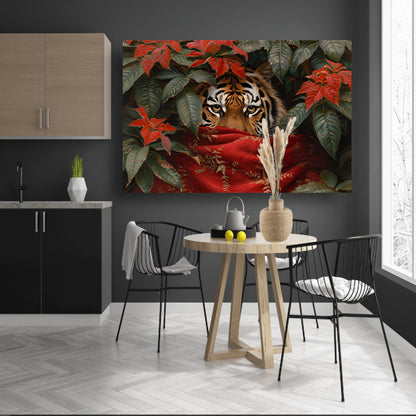 Schilderij van tijger tussen kleurrijke bladerenposter