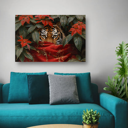 Schilderij van tijger tussen kleurrijke bladerenposter