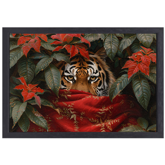 Schilderij van tijger tussen kleurrijke bladeren canvas met baklijst