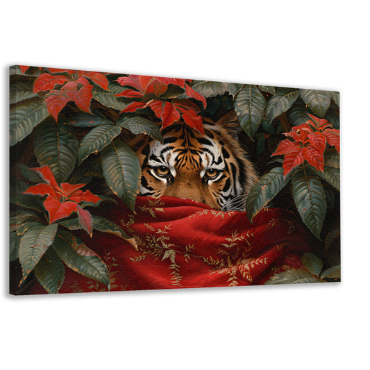 Schilderij van tijger tussen kleurrijke bladeren canvas