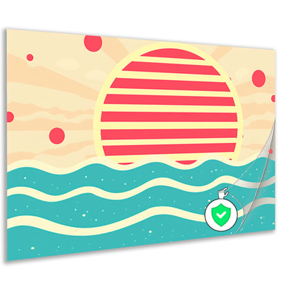 Abstracte zonsondergang boven kleurrijke golven poster
