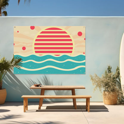 Abstracte zonsondergang boven kleurrijke golven tuinposter