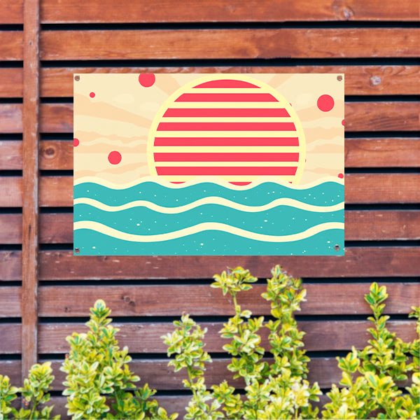 Abstracte zonsondergang boven kleurrijke golven tuinposter