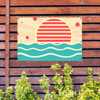Abstracte zonsondergang boven kleurrijke golven tuinposter