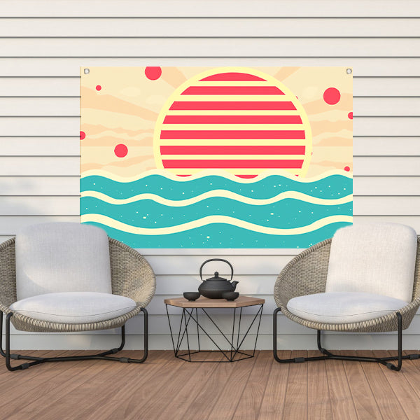 Abstracte zonsondergang boven kleurrijke golven tuinposter