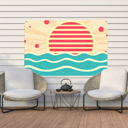 Abstracte zonsondergang boven kleurrijke golven tuinposter