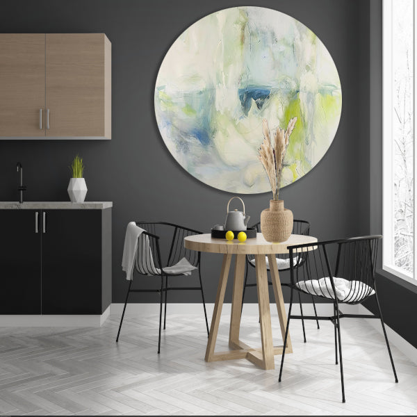 Abstract schilderij met zachte kleuren aluminium muurcirkel