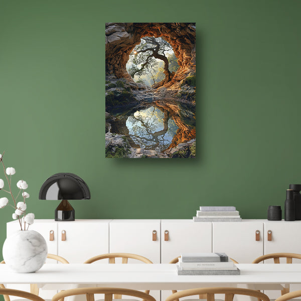 Boomspiegeling in grot canvas