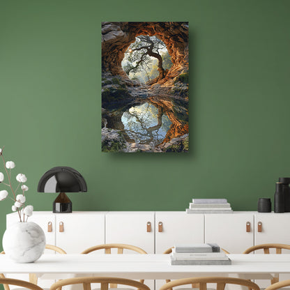 Boomspiegeling in grot canvas