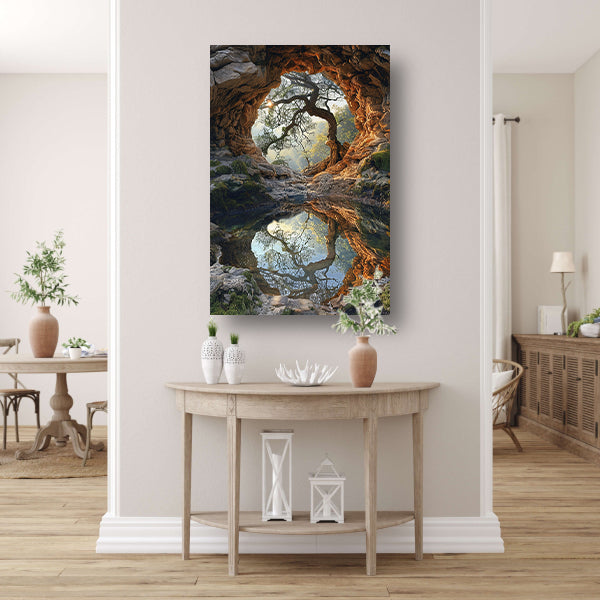 Boomspiegeling in grot canvas met baklijst